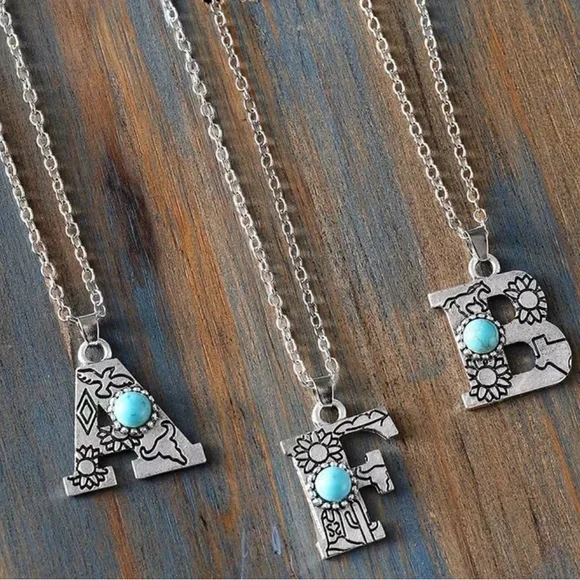 Western Silver and Turquoise Initial Pendant Necklace Cowgirl Necklace - Picture 1 of 4